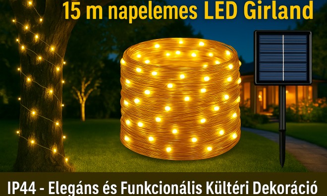 15 m Napelemes LED Girland IP44