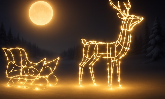 Világító rénszarvas szánnal 150cm