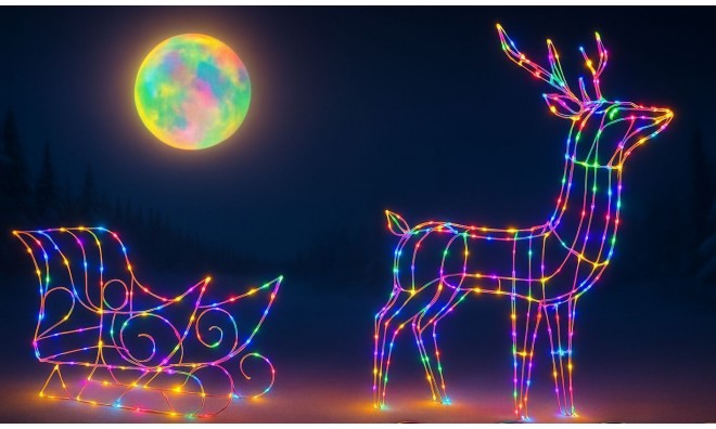 Világító rénszarvas szánnal 150cm