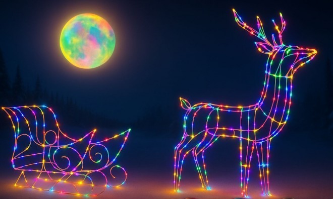 Világító rénszarvas szánnal 150cm