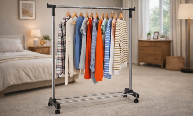 Fém kerekes ruhatartó állvány