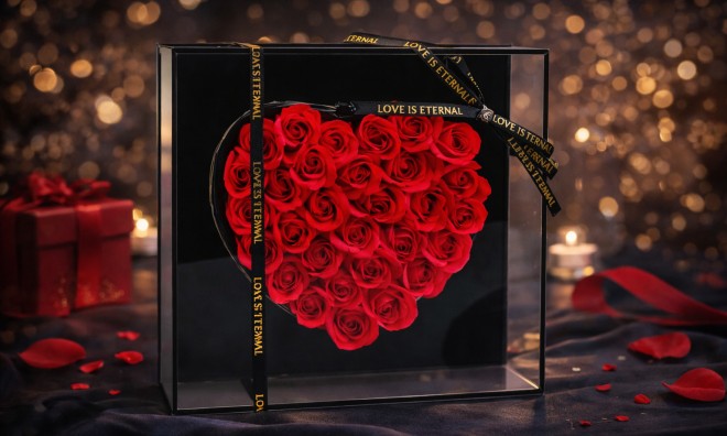 Műrózsák szívalakban díszdobozban