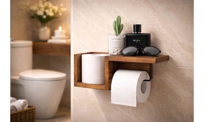 Falra szerelhető fa WC papír tartó