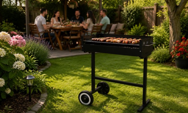 Faszenes kerti grillsütő kerekekkel