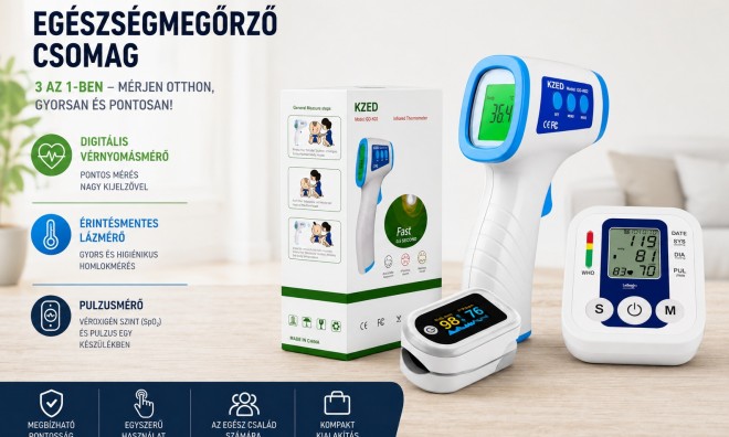 Egészségmegőrző csomag inhalátorral, lázmérővel és pulzusmérővel