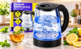 Edzett üveg vízforraló, 1,7 L LED világítással