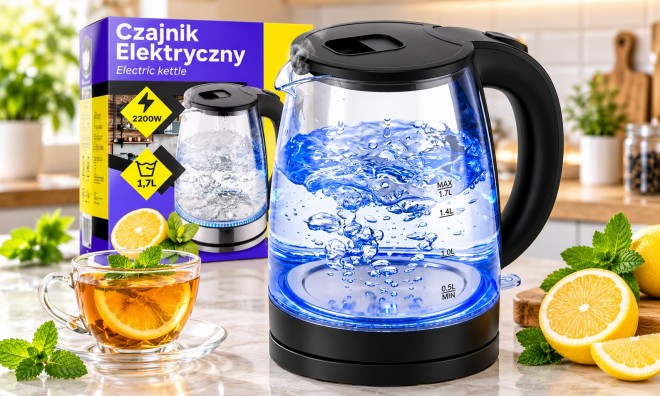 Edzett üveg vízforraló, 1,7 L LED világítással