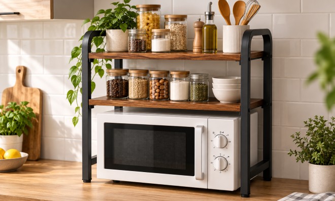 2 szintes konyhai tárolópolc mikrohullámú sütő fölé 